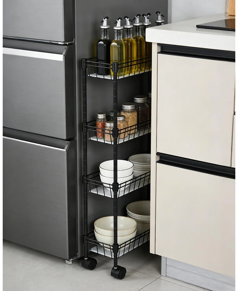 homfan 4 Tier Bar Cart, 32 Inch Tall Slim Metal Rolling Storage Cart with Adjustable Shelves and Wheels for Kitchen or Pantry