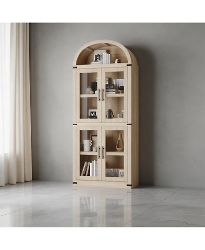 homfan Arched Glass Door Bookshelf, Freestanding Engineered Wood 4-Door Display Cabinet with Anti-Tip Design Home Storage