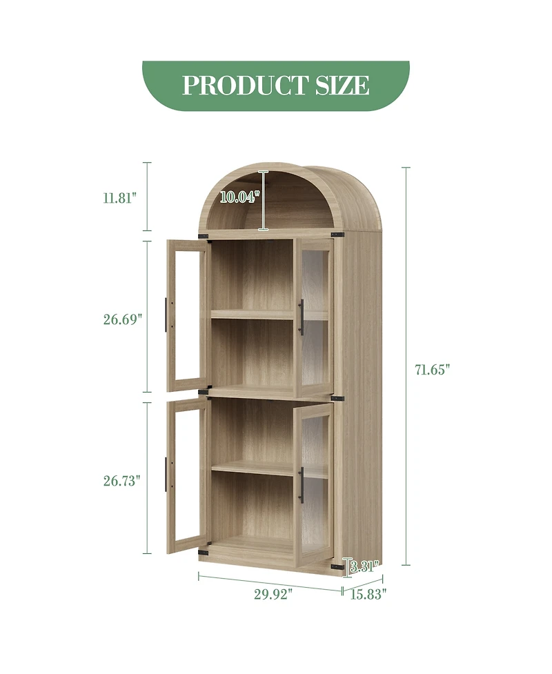 homfan Arched Glass Door Bookshelf, Freestanding Engineered Wood 4-Door Display Cabinet with Anti-Tip Design Home Storage