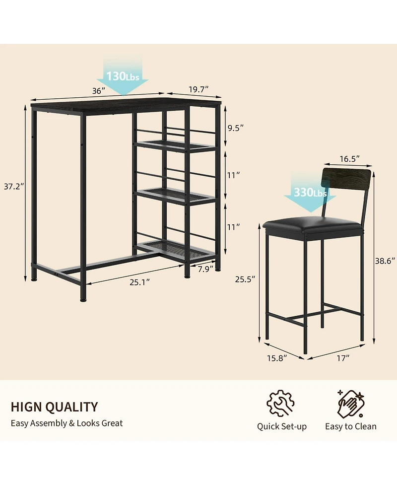 homfan 3-Piece Industrial Style Counter Height Dining Set for 2, Narrow Kitchen Table with 2 Upholstered Stools and 3-Tier Storage