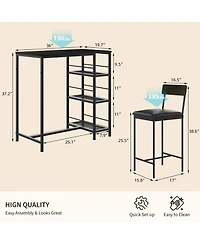 homfan 3-Piece Industrial Style Counter Height Dining Set for 2, Narrow Kitchen Table with 2 Upholstered Stools and 3-Tier Storage