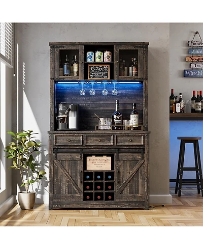 homfan Farmhouse Coffee Bar Cabinet with Led Lights and Power Outlets - Barn Door Buffet with Wine Storage for Kitchen Dining Room