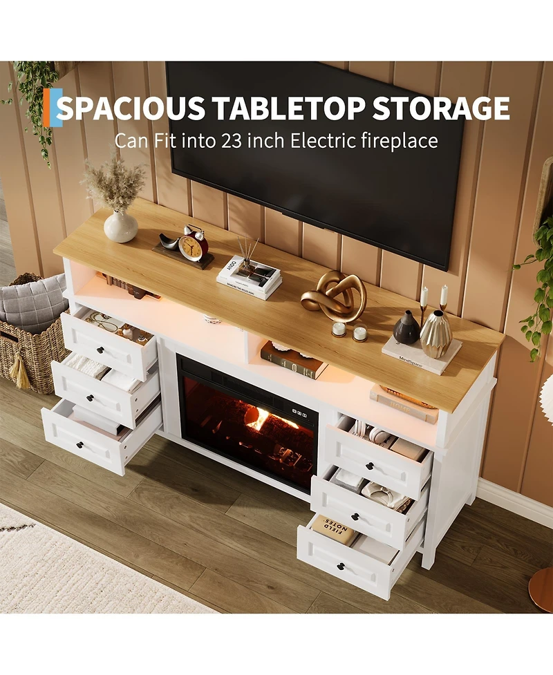 homfan 60"Fireplace Stand for TVs Up to 65", Fireplace with Led Lights, 3D Flame and Heating, Farmhouse Console with Drawers