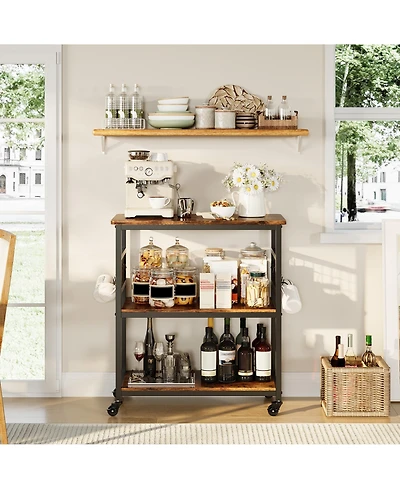 homfan 3 Tier Bar Cart, 32 Inch Brown Rolling Kitchen Island Cart with Locking Wheels and Hooks for Kitchen or Pantry
