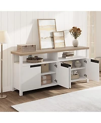 homfan Rustic Boho Tv Stand for TVs up to 70 Inches, 63" Entertainment Center with 4 Doors and Open Shelf, Large Wood Console Table Living Room