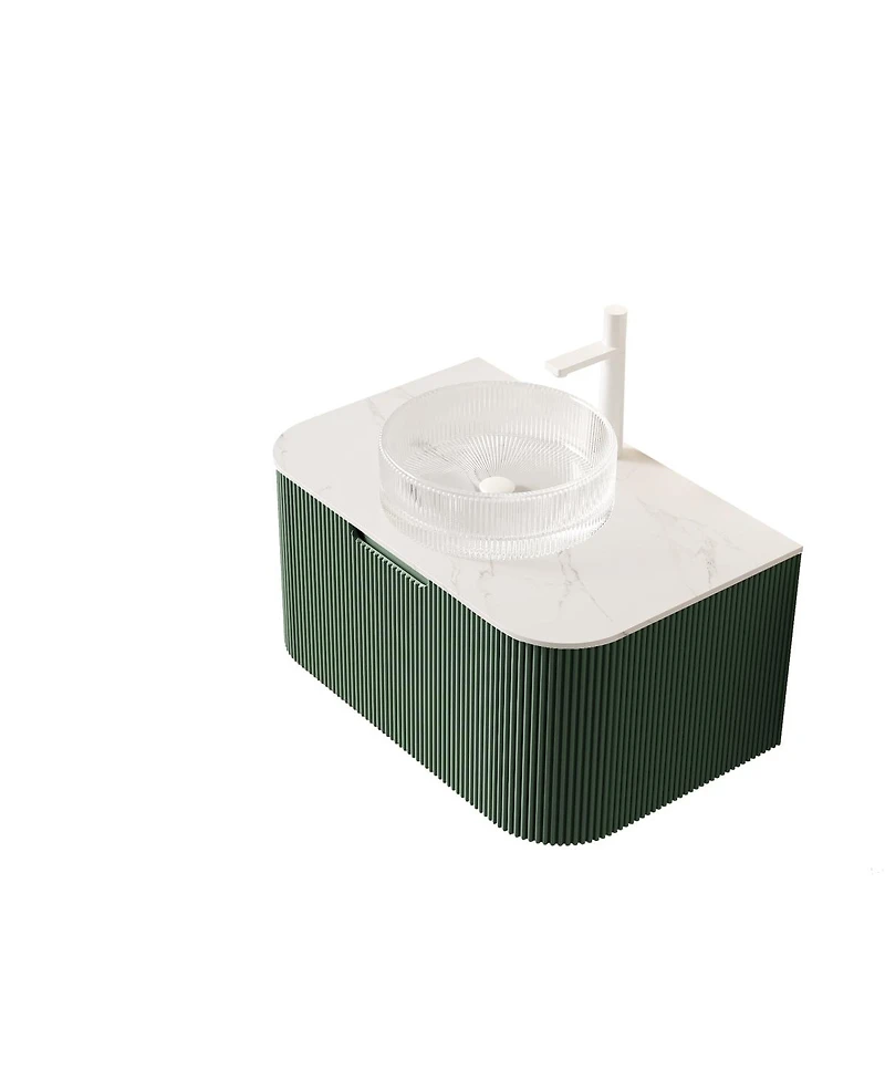 Sillysis Wall-Mounted Bathroom Vanity with Crystal Glass Sink, Sintered Stone Top, Soft Close Drawer