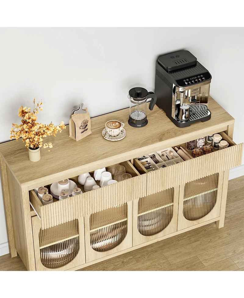 homfan 55 Inch Fluted Sideboard Buffet with 2 Drawers and 4 Glass Doors, Multi-Purpose Coffee Bar Storage Cabinet for Dining, Living Room and Kitchen