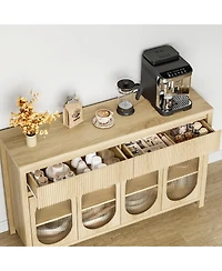 homfan 55 Inch Fluted Sideboard Buffet with 2 Drawers and 4 Glass Doors, Multi-Purpose Coffee Bar Storage Cabinet for Dining, Living Room and Kitchen