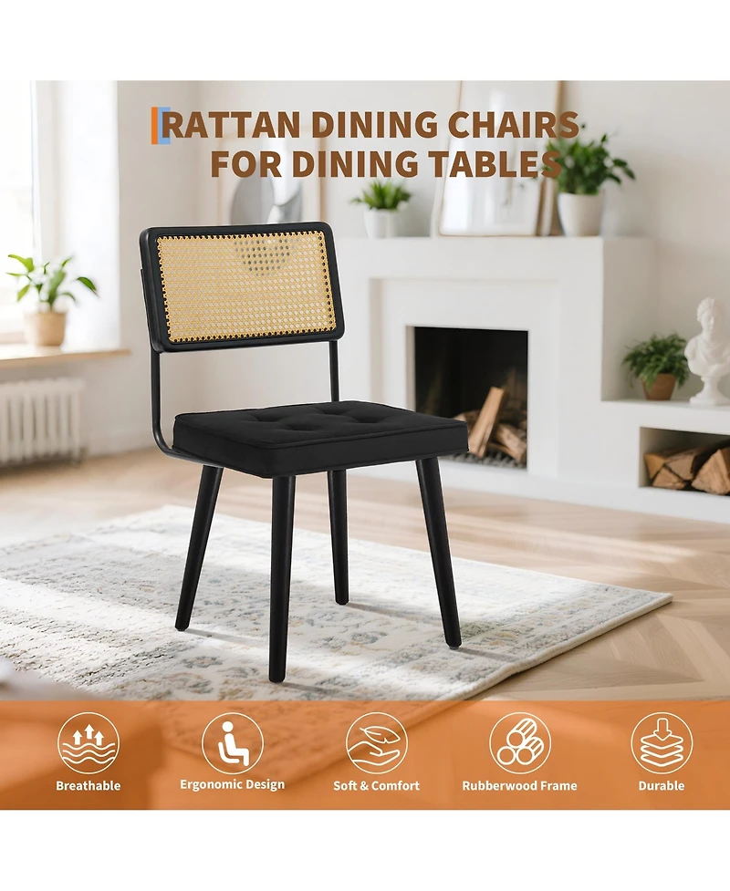 homfan Set of 2 Mid-Century Modern Dining Chairs - Rattan Tall Cane Back, Upholstered Seat, Solidly Wood and Metal Frame Comfortable, Durable