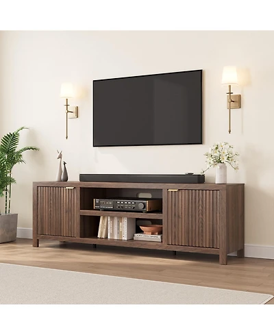 homfan Fluted Tv Stand for 75 inch, 70" Wide Entertainment Center with Adjustable Shelves, Modern and Media Cabinet 2-Tier Storage