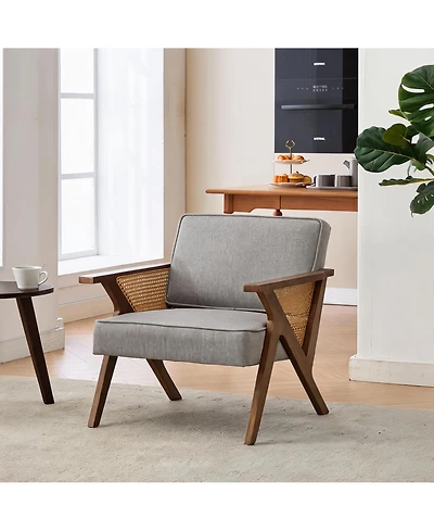 homfan Mid-Century Modern Accent Chair, Linen Upholstered Armchair with Rubberwood Frame and Soft Cushion, Lounge Chair for Living Room, Bedroom