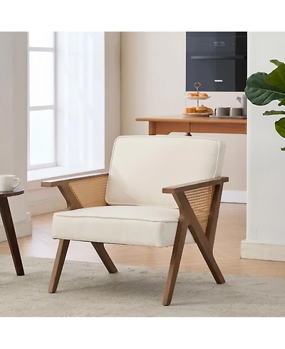 homfan Mid-Century Modern Accent Chair, Linen Upholstered Armchair with Rubberwood Frame and Soft Cushion, Lounge Chair for Living Room, Bedroom