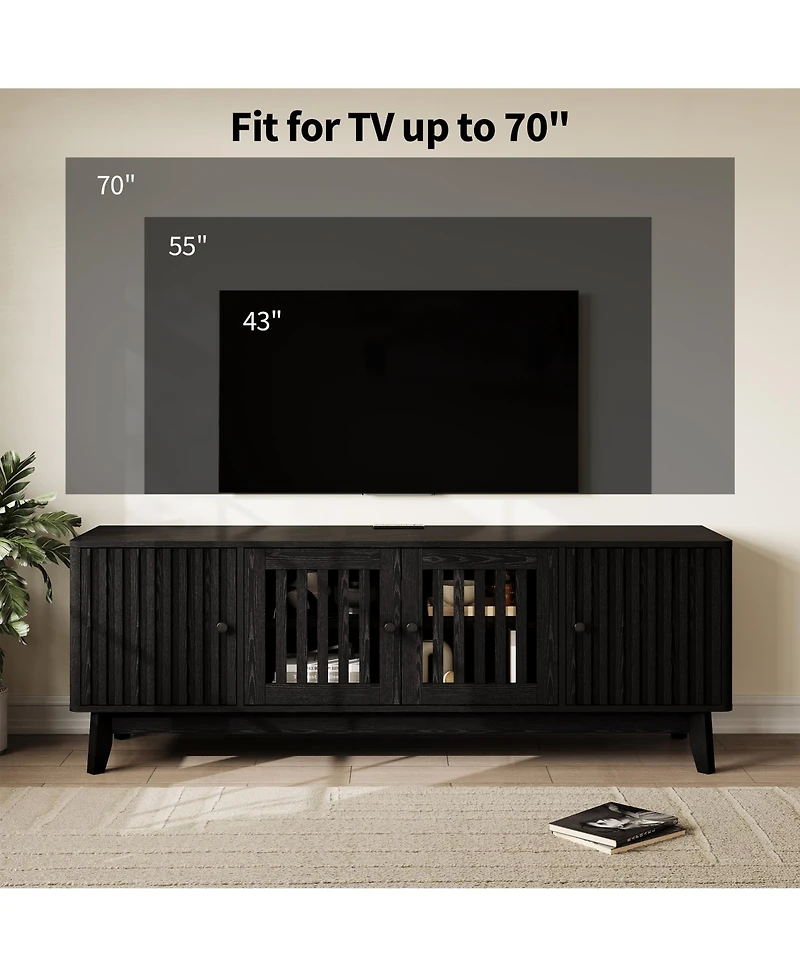 homfan 63" Tv Stand with Power Outlet, 4-Door Grille Media Console Adjustable Shelf, Entertainment Center Round Handles