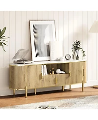 homfan Modern Luxury 70" Four-Door Tv Stand, Wave Design, Imitation Marble Top, Metal Accents, Adjustable Shelves