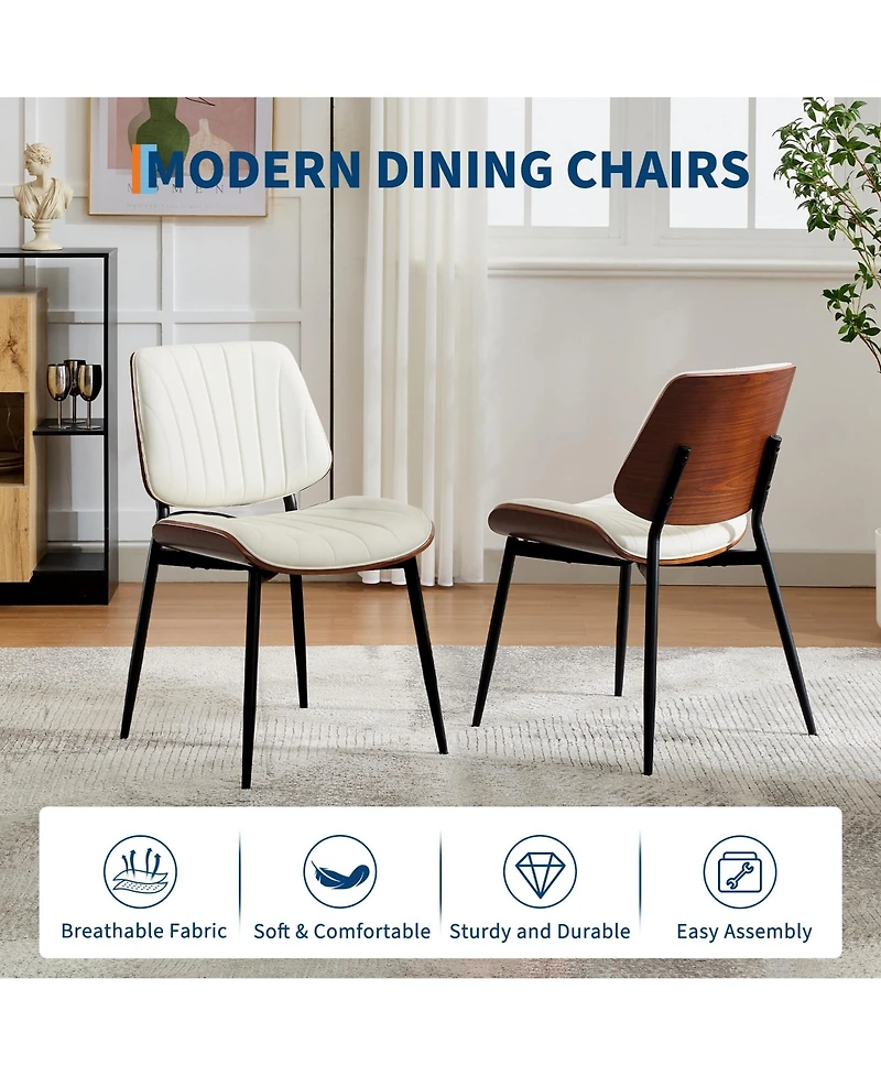 homfan Set of 6 Dining Chairs, Faux Leather Mid Century Chairs with Walnut Backrest and Metal Legs for Dining Room