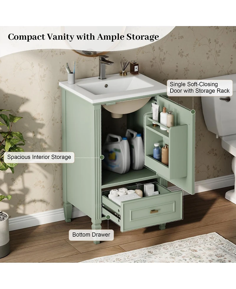 Sillysis 20 Inch Retro Bathroom Vanity with Ceramic Sink, Solid Wood Legs, Soft Close Door and Bottom Drawer Storage