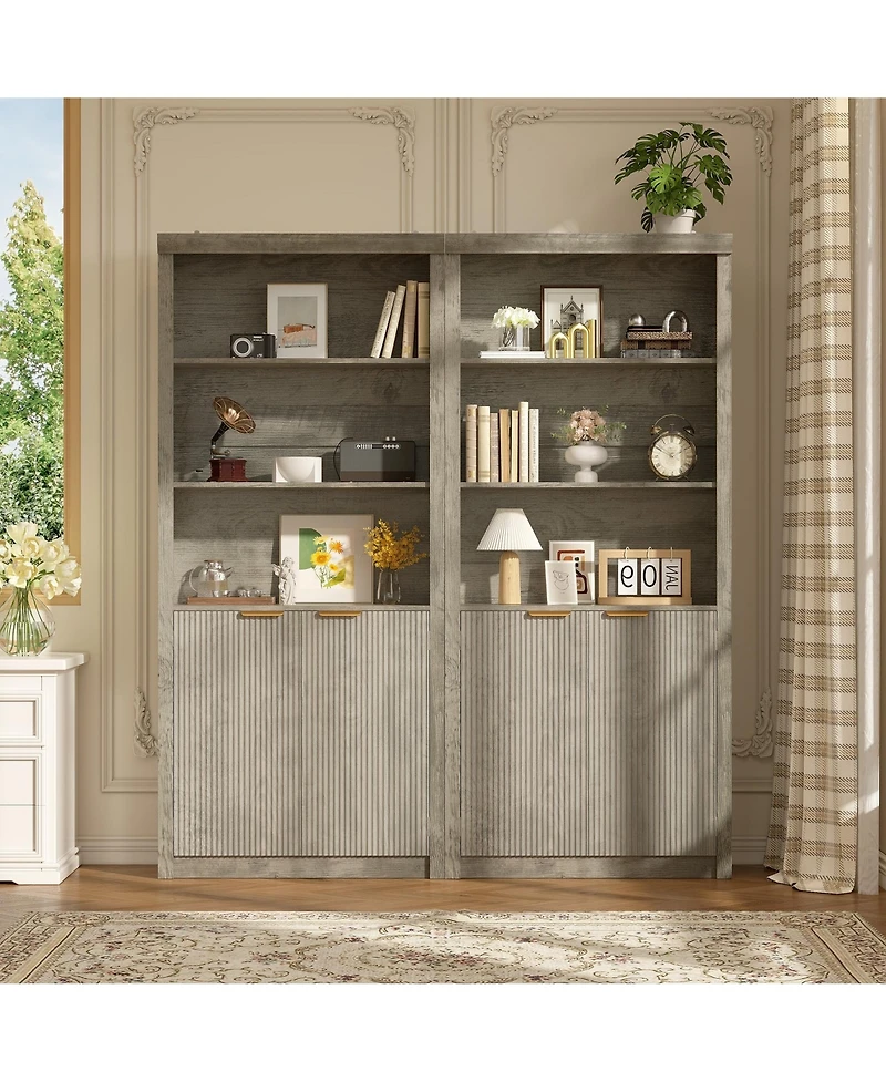 homfan 2 Sets Tall Wooden Bookcase Cabinet with Doors, 5 Adjustable Shelves, Freestanding Modern Storage for Home Office or Living Room