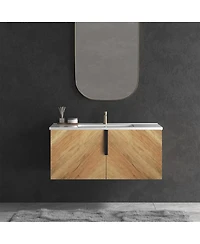 Sillysis Modern Wall Mounted Bathroom Vanity, 3D Fluted Double Door Cabinet, Integrated Ceramic Sink