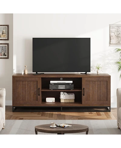 homfan Farmhouse Tv Stand for Living Room, Entertainment Center with 2-Tier Adjustable Shelves and Metal Leg, Console 75 Inch