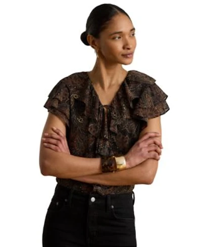 Lauren Ralph Lauren Womens Paisley Ruffle Trim Georgette Blouse