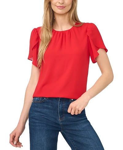 CeCe Women's Tulip Short-Sleeve Shirred Crewneck Top