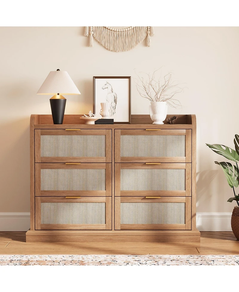 homfan Boho Style 6-Drawer Rattan Dresser, Wooden Chest, Storage Cabinet for Bedroom, Living Room, Closet, Entryway, Easy Assembly