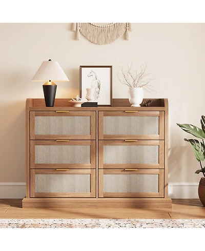homfan Boho Style 6-Drawer Rattan Dresser, Wooden Chest, Storage Cabinet for Bedroom, Living Room, Closet, Entryway, Easy Assembly