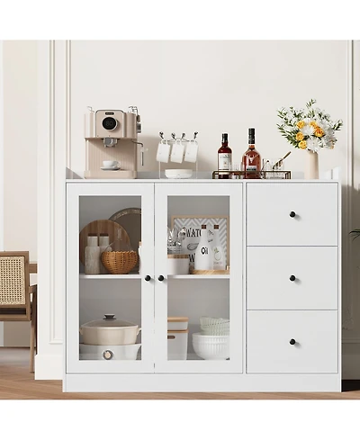 homfan 43 Inch Modern Wood Sideboard Organizer, Buffet Cabinet with Glass Doors, 3 Drawers, Adjustable Shelves and Guardrail for Home Use