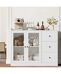 homfan 43 Inch Modern Wood Sideboard Organizer, Buffet Cabinet with Glass Doors, 3 Drawers, Adjustable Shelves and Guardrail for Home Use