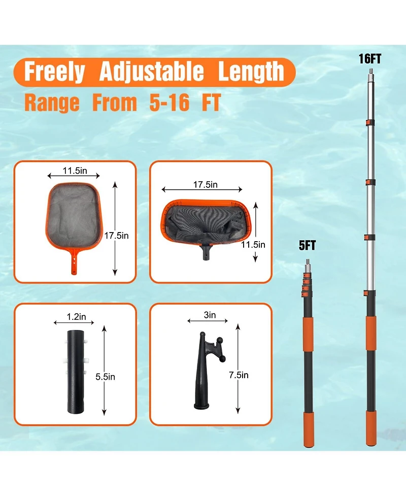 Xdovet Pool Skimmer Net Telescopic Pole 16feet Heavy Duty Fine Mesh Leaf Rake Hook