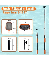 Xdovet Pool Skimmer Net Telescopic Pole 16feet Heavy Duty Fine Mesh Leaf Rake Hook