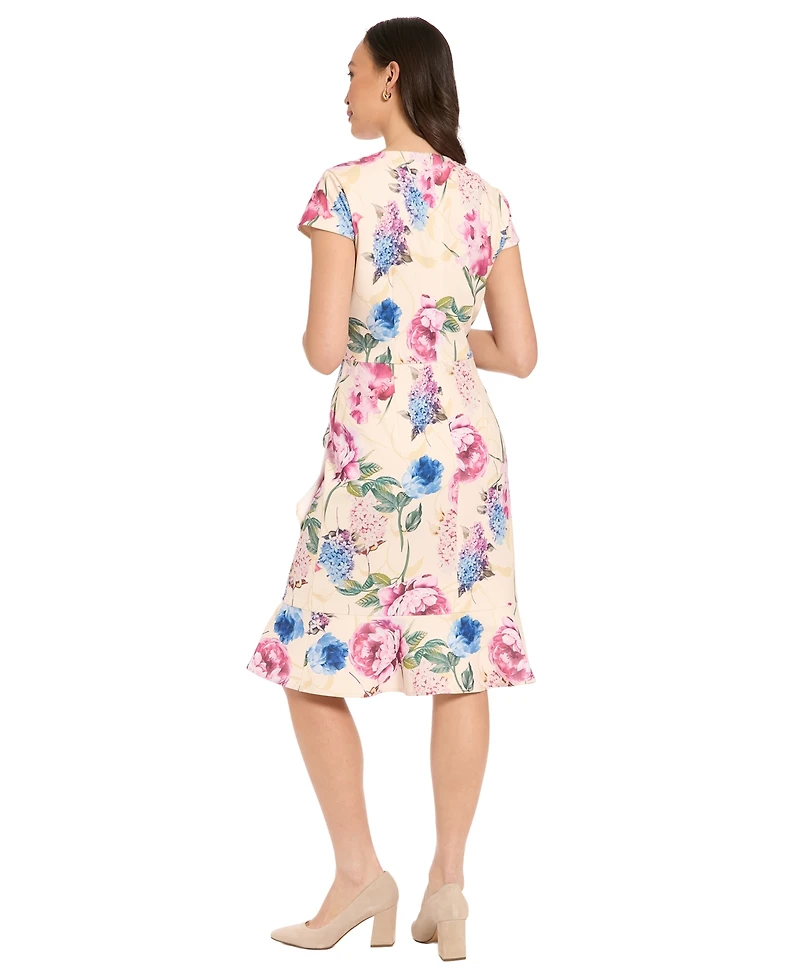 London Times Petite Printed Ruffle Detail Dress