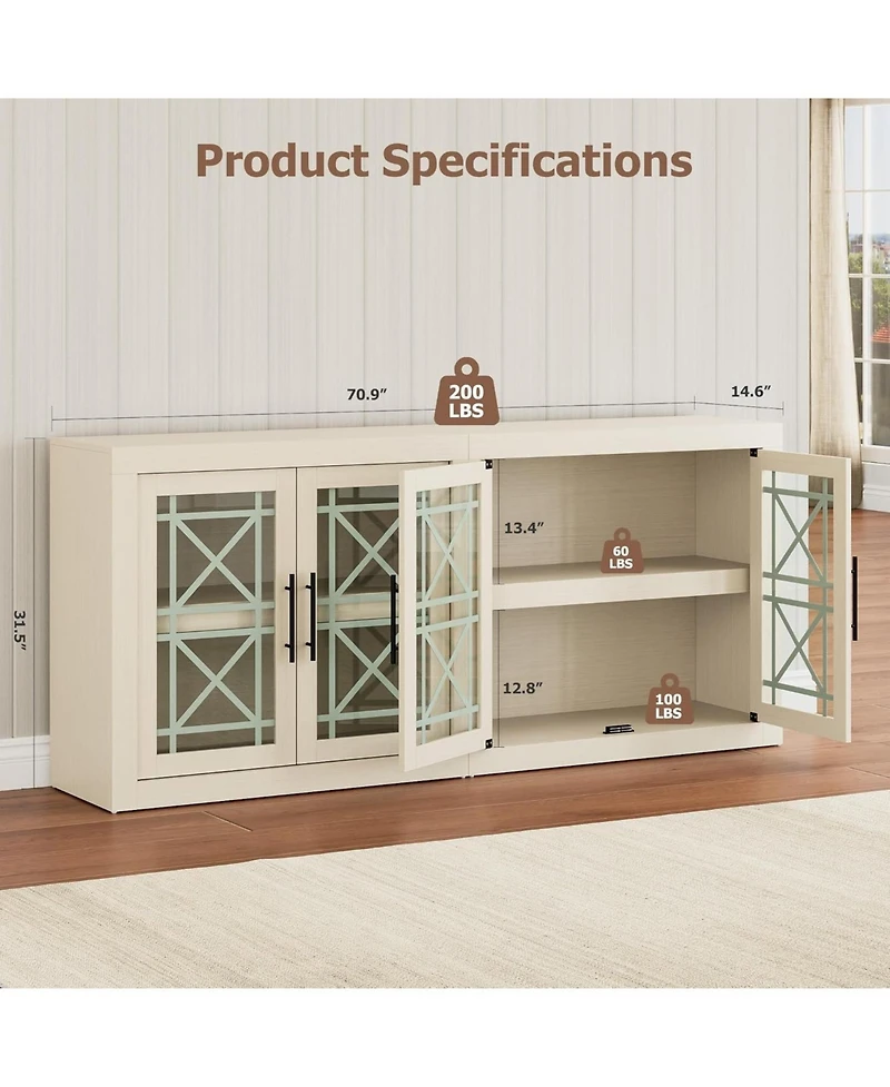 homfan Modern Sideboard Buffet Cabinet, 71 Inch Large Credenza with 4 Glass Doors, Multi-Purpose Storage
