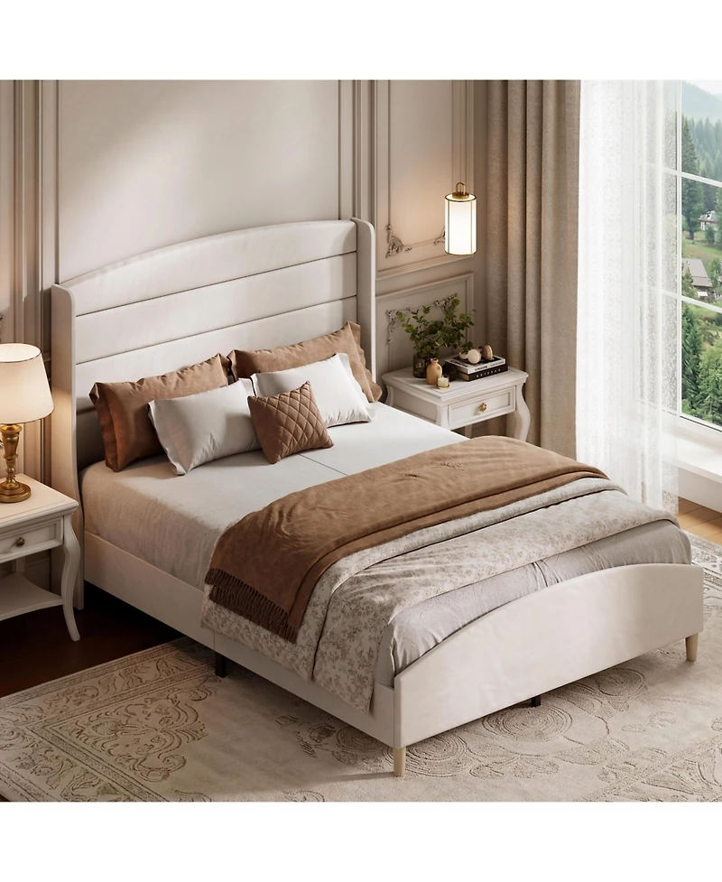 homfan Upholstered Platform Bed Frame, Queen Size Linen Wingback Bed Frame with 51.6 Inch Tall Headboard for Bedroom