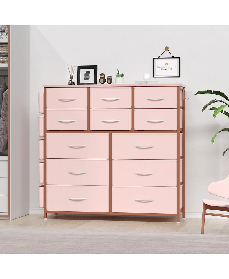 homfan 12-Drawer Dresser, Fabric Dresser for Bedroom with Side Pockets and Hooks, Tall Storage Tower with Adjustable Feet for Living Room, Hallway