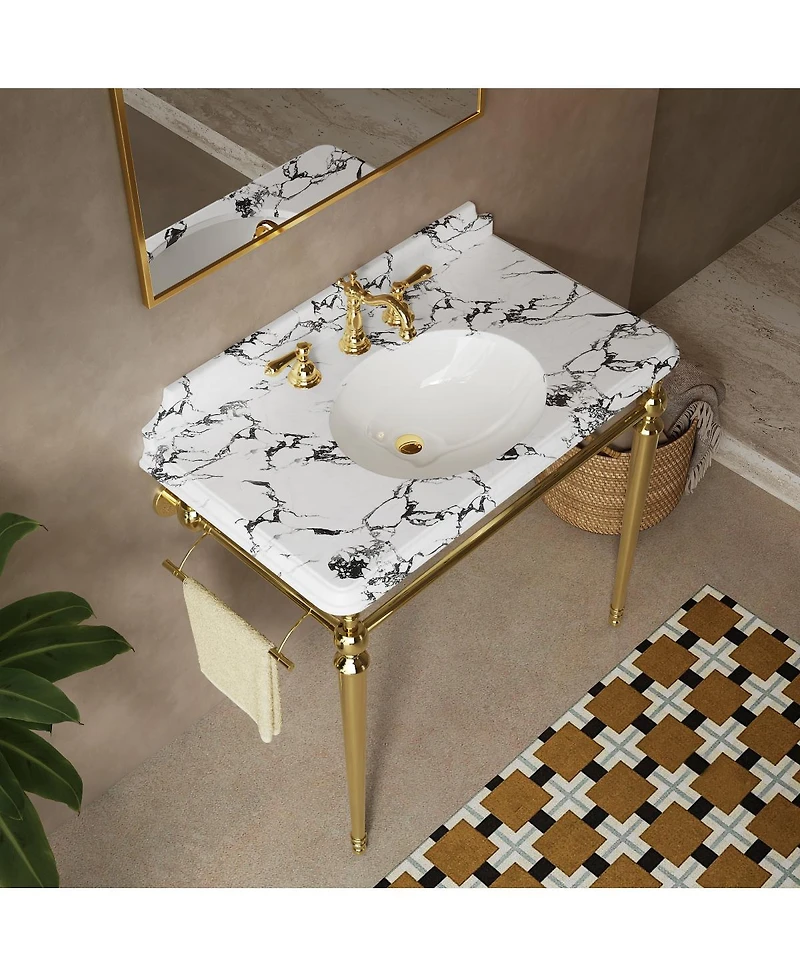 Sillysis Inch Bathroom Console Sink with Engineered Marble Top, Ceramic Basin, Stainless Steel Frame, Retro Style