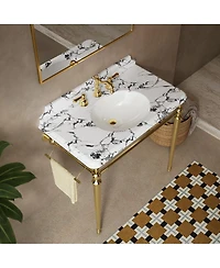 Sillysis Inch Bathroom Console Sink with Engineered Marble Top, Ceramic Basin, Stainless Steel Frame, Retro Style