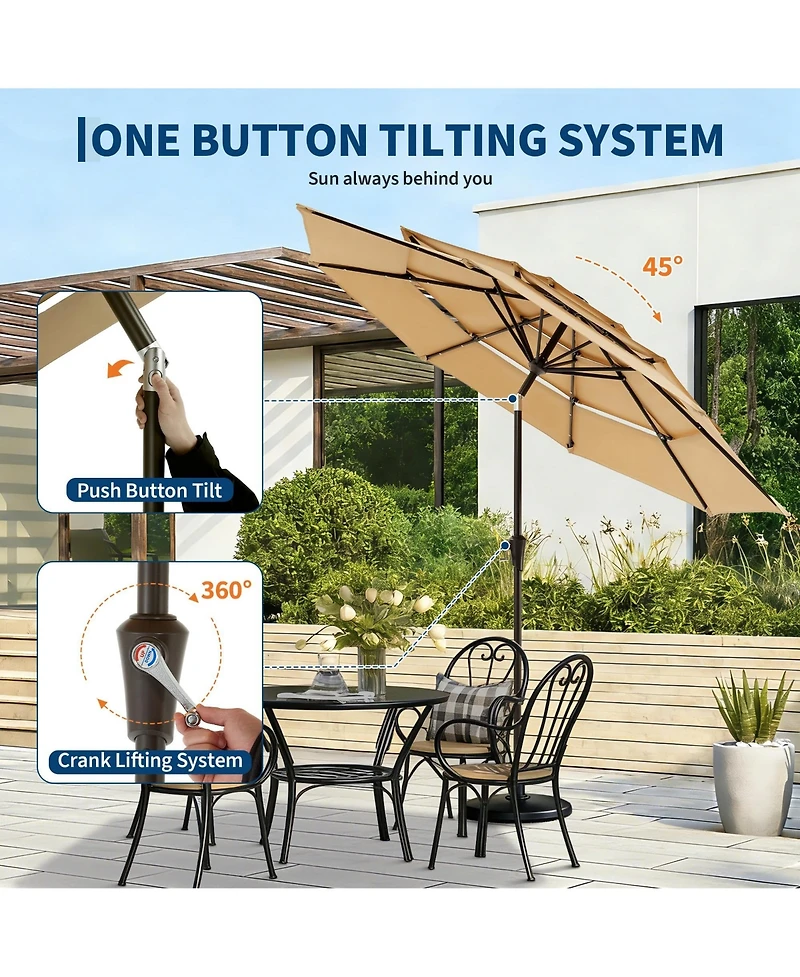 homfan Solar Led Outdoor Patio Umbrella, Ventilated Canopy, Tilt and Crank System, 8 Stable Ribs, for Pool, Deck Garden