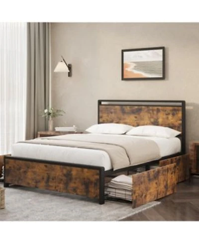 Homfan Bed Frame With 4 Storage Drawers Rustic Vintage Wood Metal With Large Storage Space No Box Spring Needed Noise Free Easy Assembly