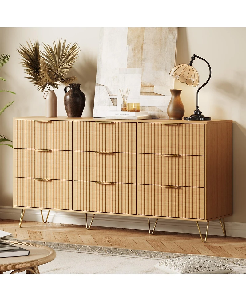 homfan Fluted 9-Drawer Bedroom Dresser, 63" Wide Modern Wooden Chest with Metal Handle,Clothes Storage Organizer, Tv Stand for Living Room, Hallway