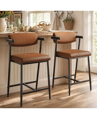 homfan Set of 2 Bar Stools with Arms and Footrest, 26" Metal Counter Height Barstools, Wider Seat and Back for Kitchen Island