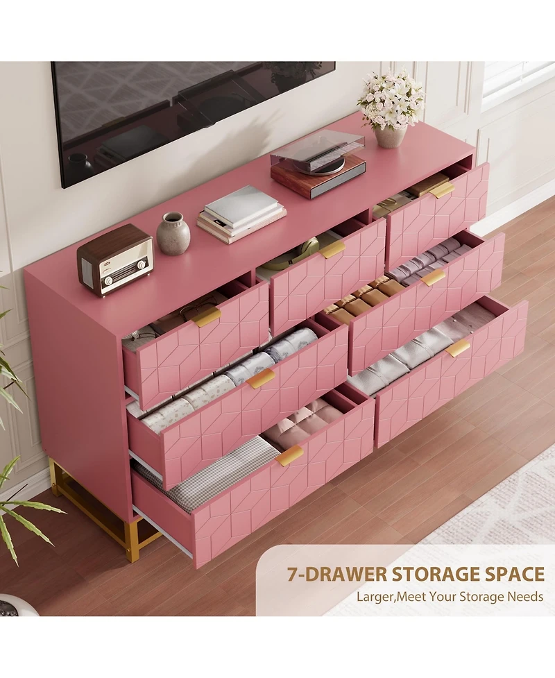 homfan Wide Dresser for Bedroom, Modern 7 Chest of Drawers Triple Dresser with Gold Accents, Long Storage Organizer for Tv Stand and Closet