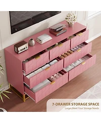 homfan Wide Dresser for Bedroom, Modern 7 Chest of Drawers Triple Dresser with Gold Accents, Long Storage Organizer for Tv Stand and Closet