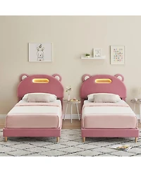 homfan 2 Pack Twin Bed Frame with Led Lights, Upholstered Platform Bed with Headboard and Wooden Slats Support, Noise Free, No Box Spring Needed