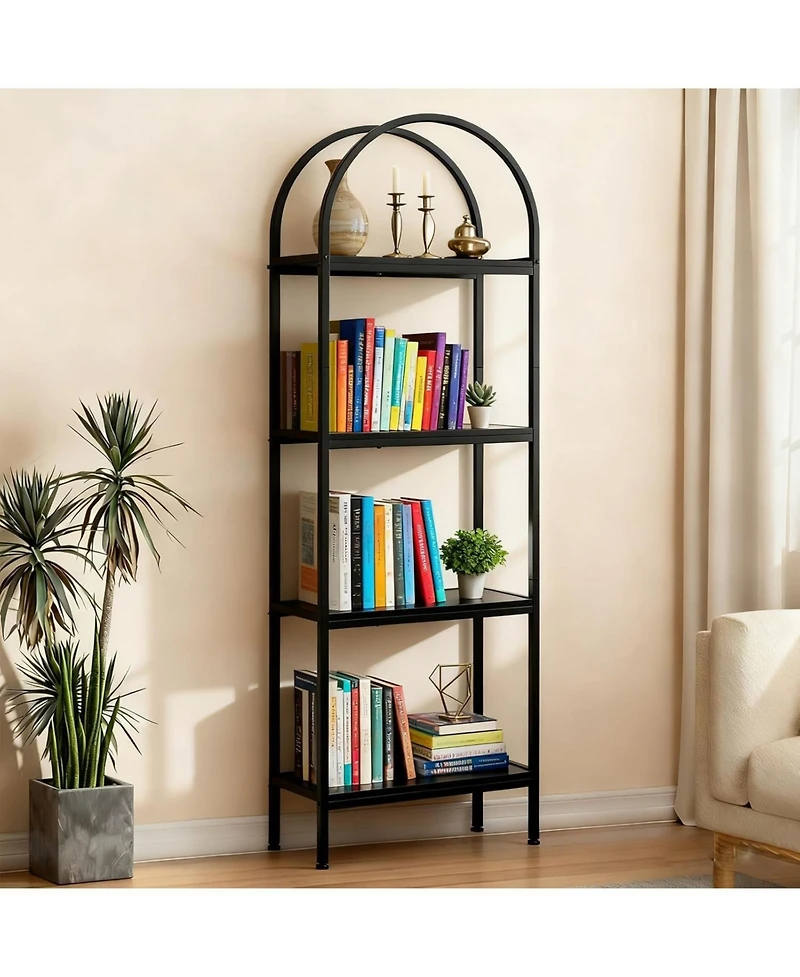 homfan Modern Arched Metal Frame Bookshelf, 4/5-Tier Vertical Storage Shelf with Anti-Tip Straps, Space-Saving Easy-Assembly Home Office Display Rack