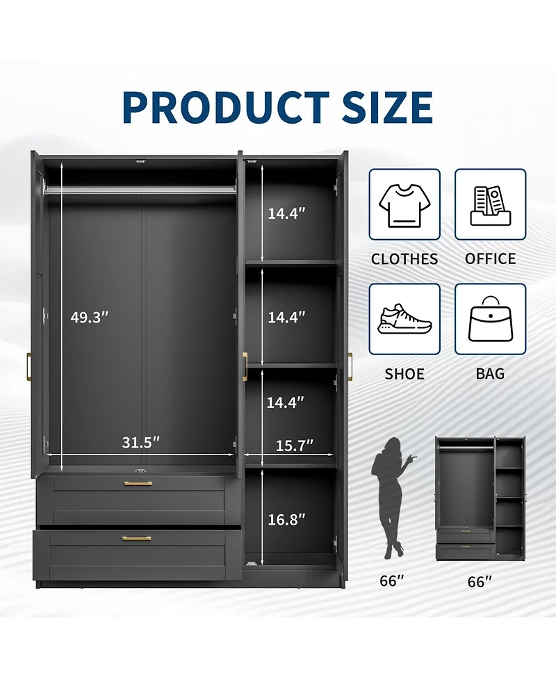 homfan Modern Wooden Wardrobe Closet with 3 Doors, 2 Drawers and Multiple Shelves, Spacious Bedroom Armoire for Clothing Storage, Freestanding Design