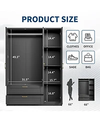homfan Modern Wooden Wardrobe Closet with 3 Doors, 2 Drawers and Multiple Shelves, Spacious Bedroom Armoire for Clothing Storage, Freestanding Design