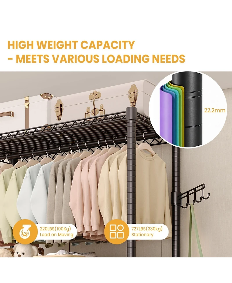 homfan Heavy Duty Armorie, 75 Inch Metal Storage Wardrobe with Double Hanging Rods, Adjustable Shelves and Wheels for Bedroom or Closet
