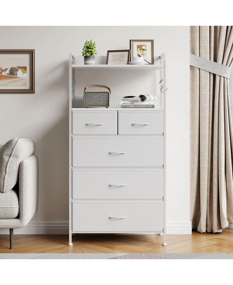 homfan Narrow 5 Drawer Dresser, 47 Inch Fabric Storage Chest with Metal Frame and Shelves for Bedroom or Entryway