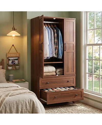 homfan Armoire with 2 Drawers,72" Wooden Cabinet Hanging Rod, Tall Clothing Unit Doors and 18 Adjustable Shelves for Bedroom